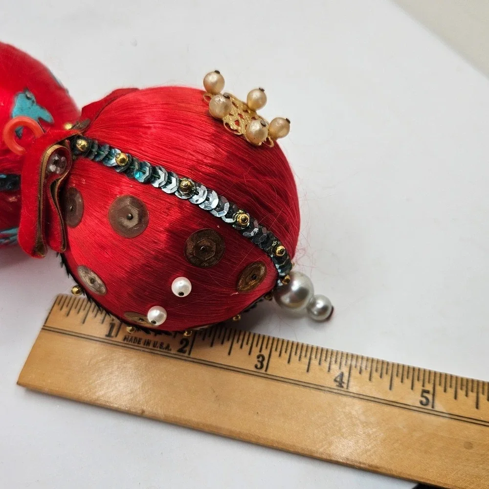 Vintage Pair Satin Thread Wrapped Christmas Ornaments Birds & Beaded Handmade